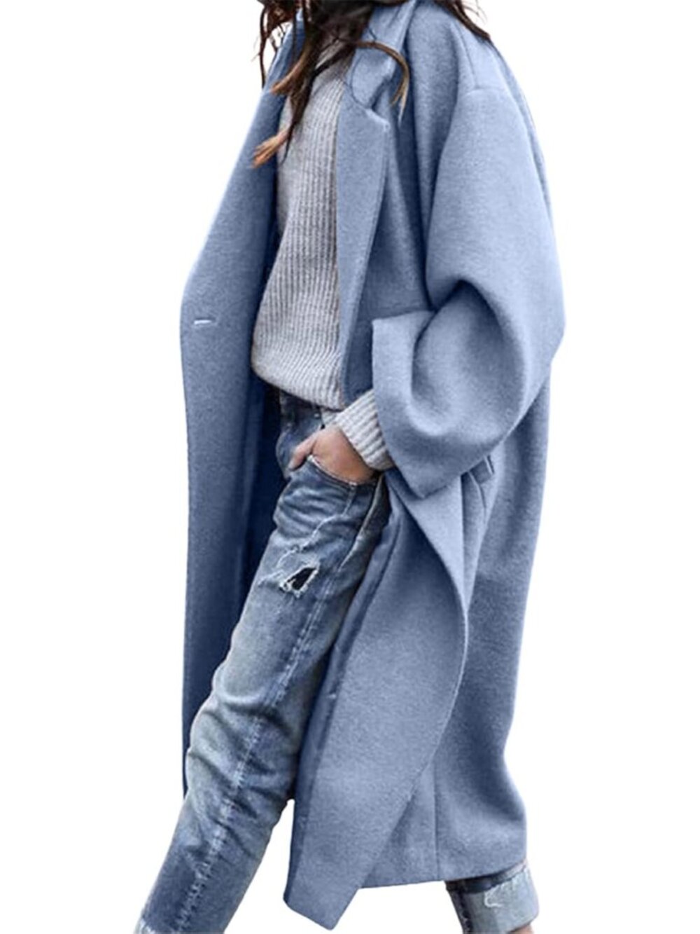 Women's Blue Notched Collar Wool Blend Single Breast Midi Long Trench Coat